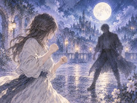 夜の広場で敵と向かい合い構える人物