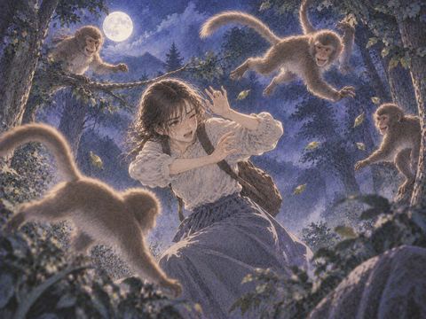 夜の林で動き回る猿に翻弄される人物
