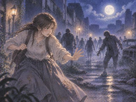 夜の街で迫る複数のゾンビに立ち向かう人物