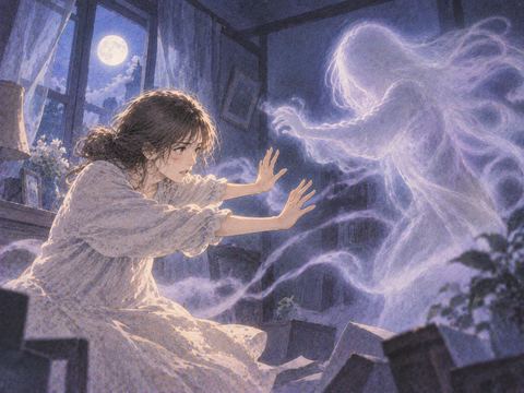 淡く透ける幽霊を追い払おうとする人物