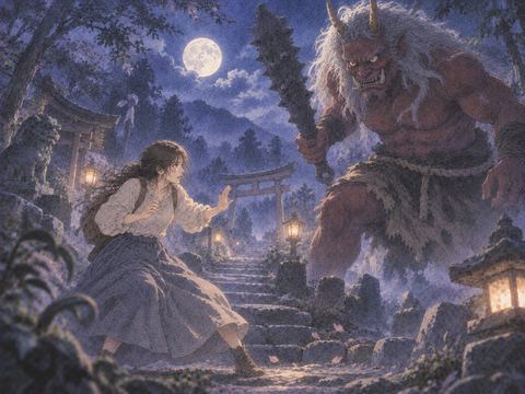 月夜の和風の道で鬼と向かい合う人物