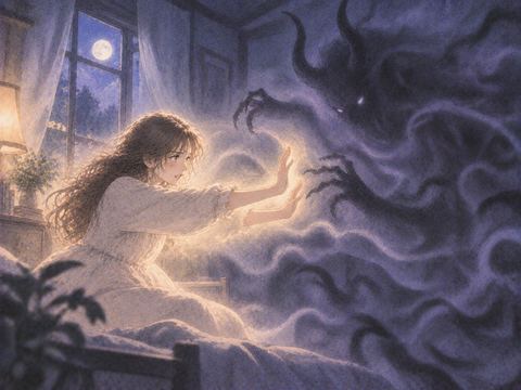 暗い影のような悪霊を押し返そうとする人物