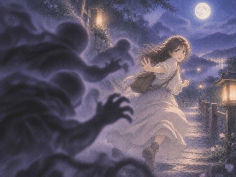 夜道を逃げながら振り返って抵抗する人物