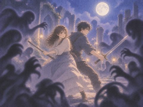 月夜に二人で背中を預け合って戦う夢の場面