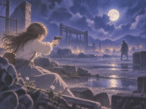 夜の広い場所で距離を取って銃を構える人物