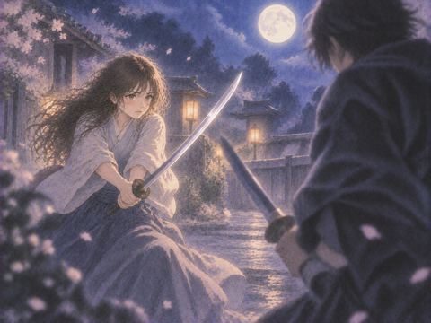 月夜に刀を構えて近い相手と向き合う人物