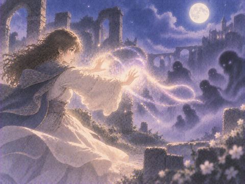 夜空の下で手から淡い魔法の光を放つ人物