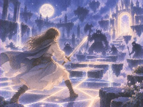 ゲームのステージのような幻想空間で敵に挑む人物