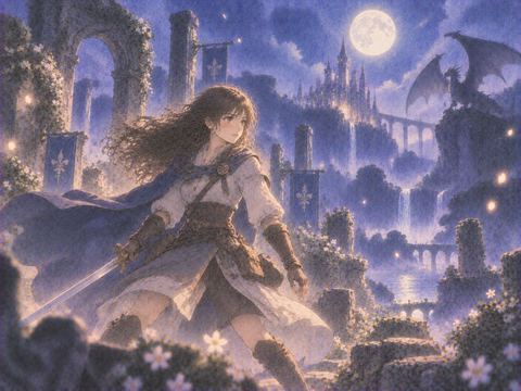 月夜の幻想世界で冒険者として構える人物