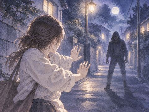 夜道で不審な人物から身を守ろうと構える人