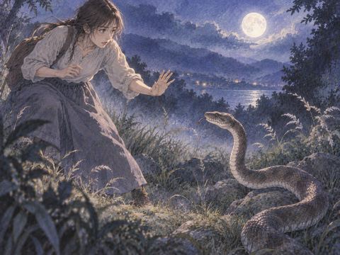 夜の草地で近づく蛇を警戒して構える人物