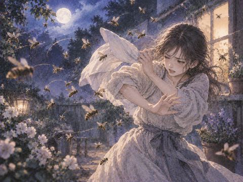 夜の庭で周囲を飛ぶ蜂や虫を追い払う人物