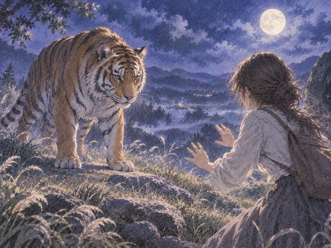 夜の草原で虎に正面から向き合う人物