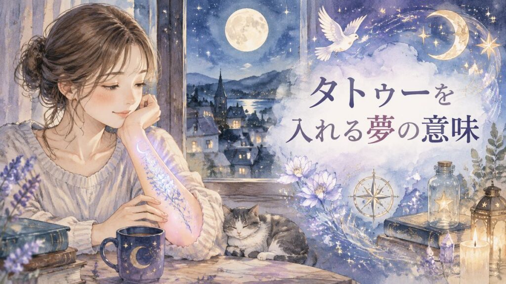 月明かりの中で女性と輝くタトゥー模様が描かれた夢の風景