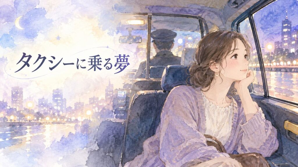 夜のタクシーの後部座席で行く先を見つめる大人の女性