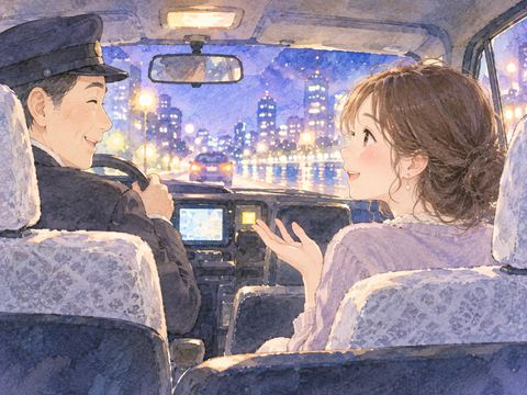 夜のタクシーで運転手と穏やかに話す乗客