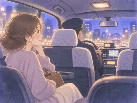 タクシーの後部座席から前方を見る乗客
