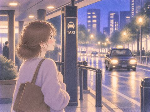 夜のタクシー乗り場で静かに待つ人