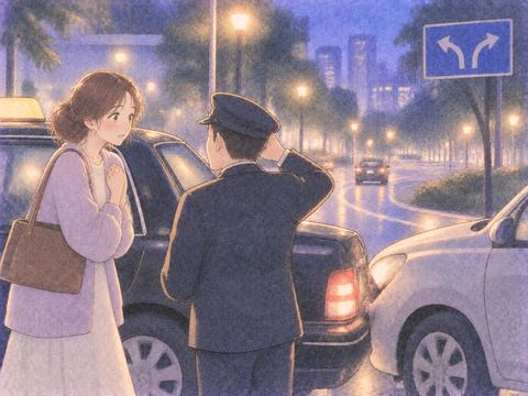夜道で停止したタクシーと無事な乗客