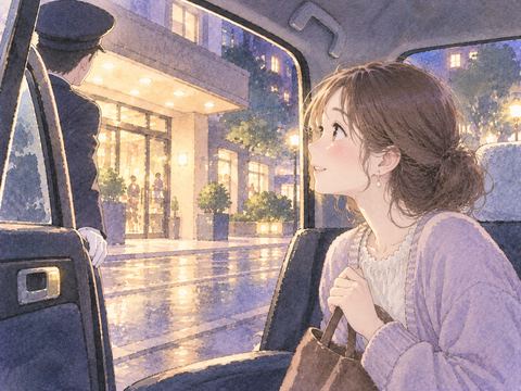目的地に着いたタクシーから安心して外を見る乗客