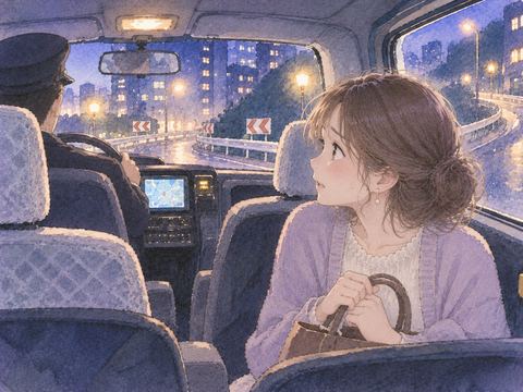 夜道を走り続けるタクシーで焦る乗客
