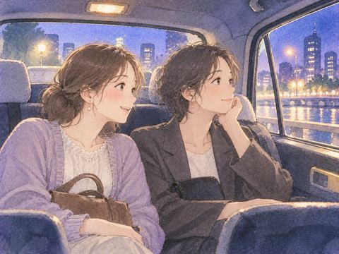 知っている人と並んでタクシーに乗る場面