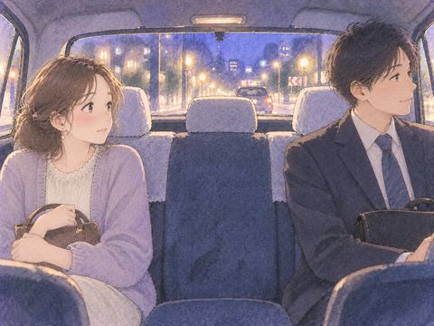知らない人と距離を空けてタクシーに相乗りする場面
