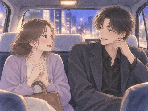 華やかな雰囲気の人物とタクシーに乗る場面