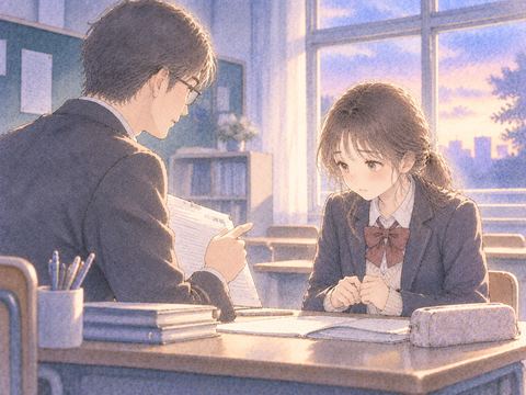 先生の注意を緊張して聞く女性