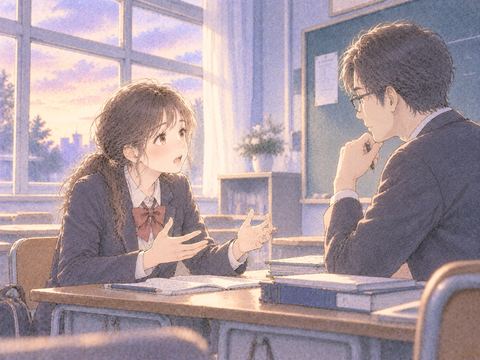 先生に自分の意見を伝える女性