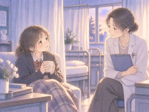 保健室で先生に見守られ休む女性