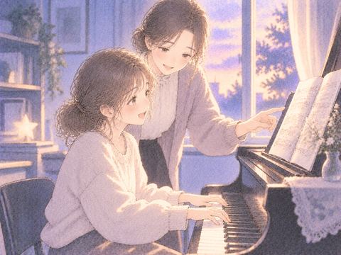 ピアノを習う女性とそばで教える先生