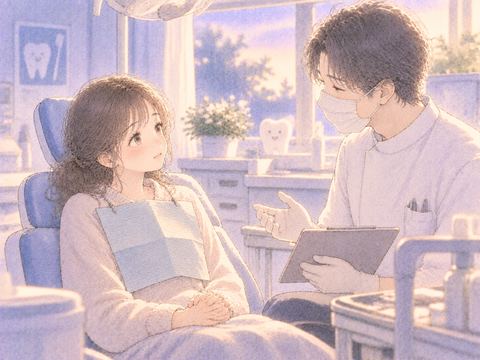 歯科診療室で先生と向き合う女性