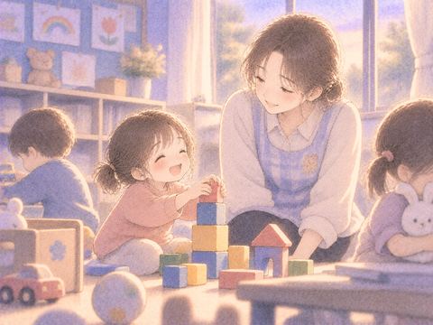 保育園で先生に優しく見守られる幼い子ども