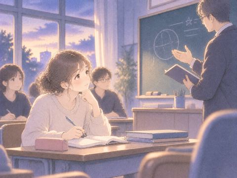 教室で先生の授業を聞く女性