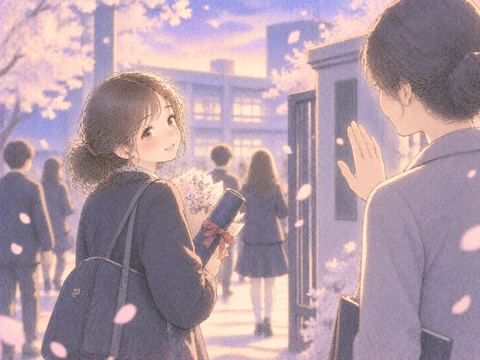 卒業式で先生に見送られる女性