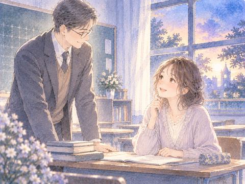 教室で担任の先生に見守られる女性