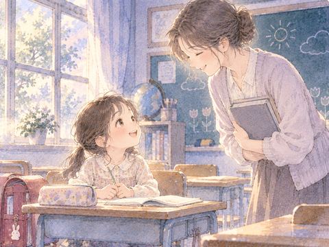 小学校の教室で先生を見上げる子ども