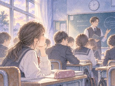 中学校の教室で先生と生徒たちを見る少女