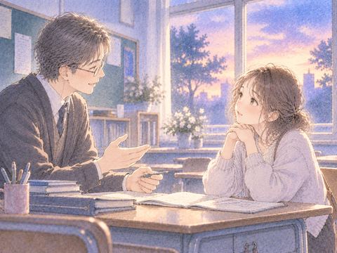 先生と向かい合って話す女性