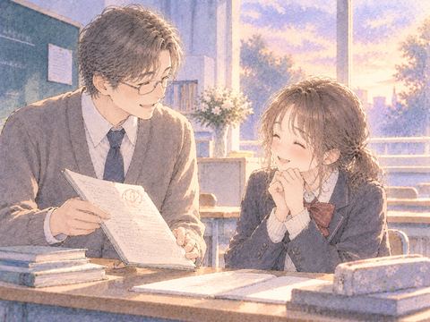 先生に褒められてほっとする女性