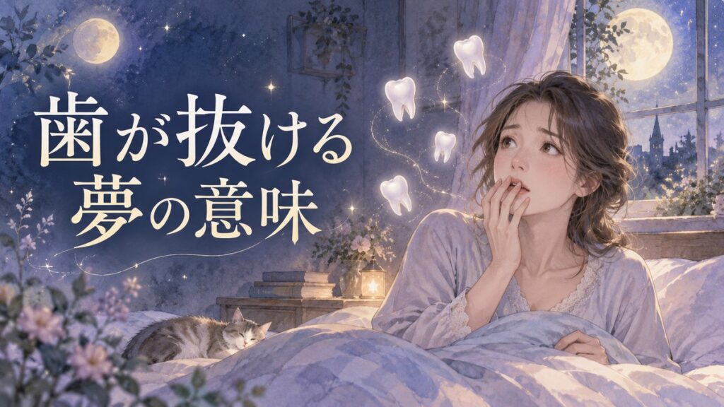夜に目覚めて口元へ手を添える女性と淡く浮かぶ歯の夢のモチーフ
