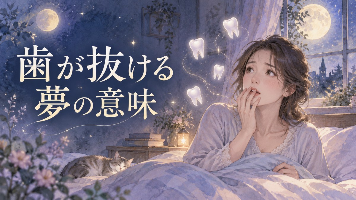 夜に目覚めて口元へ手を添える女性と淡く浮かぶ歯の夢のモチーフ