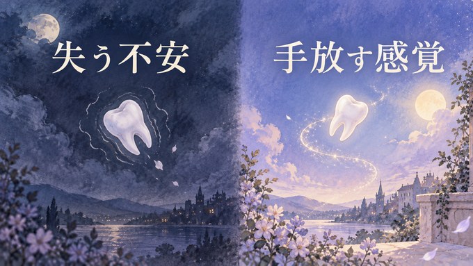 歯を失う不安と手放して軽くなる感覚を左右に分けた夢の図