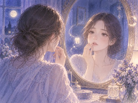 女性が口元へ手を添え自分の意思で白い歯を取り除こうとする夢の場面
