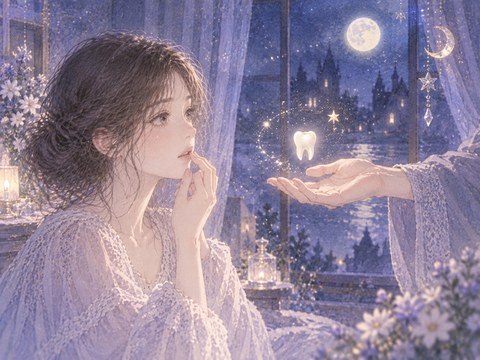 女性の前で他者の手元に白い歯が浮かぶ象徴的な夢の場面