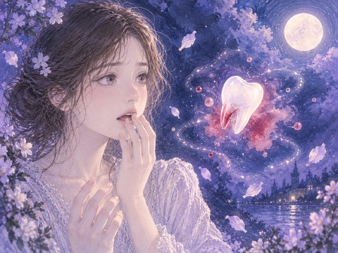 白い歯の周囲に淡い赤紫のにじみが広がる象徴的な夢の場面