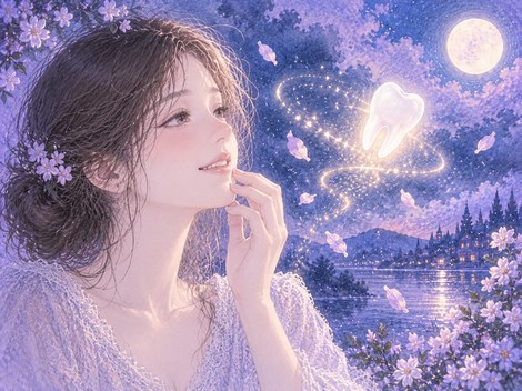 白い歯が柔らかな光に包まれて静かに離れる夢の場面