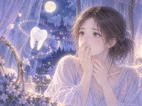 口元を押さえて驚く女性と浮かぶ白い歯の夢の場面