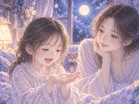 小さな乳歯を手のひらにのせる子供を大人が穏やかに見守る夢の場面